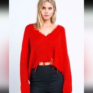 🦄Pink Lilly Red V-Neck Frayed Hem Sweater Size S Oversized